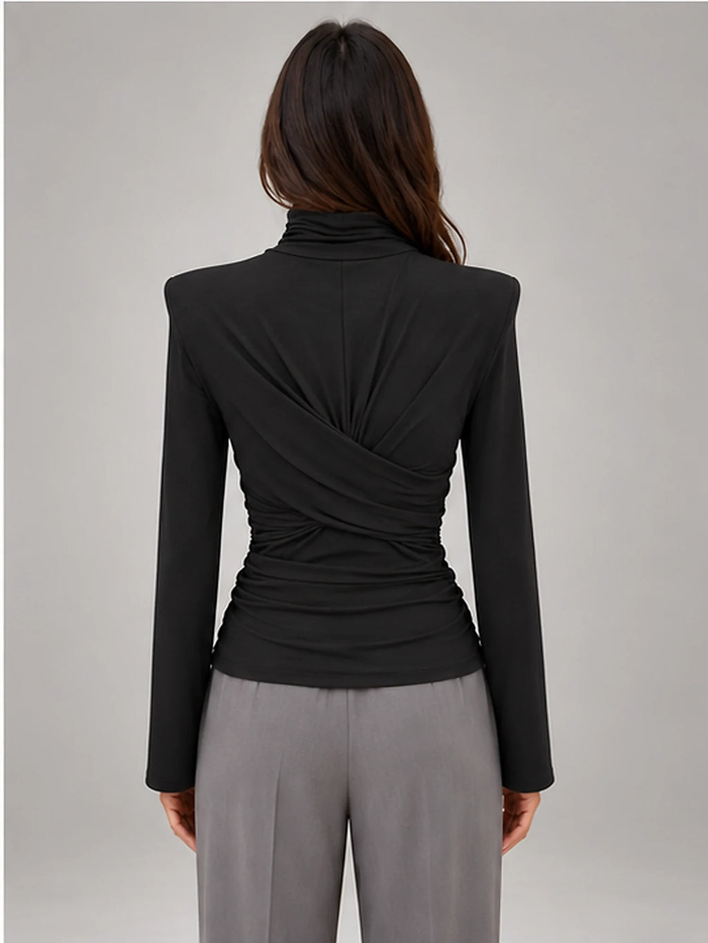 Women's Ruched Turtleneck Top – Long Sleeve in Black — back view