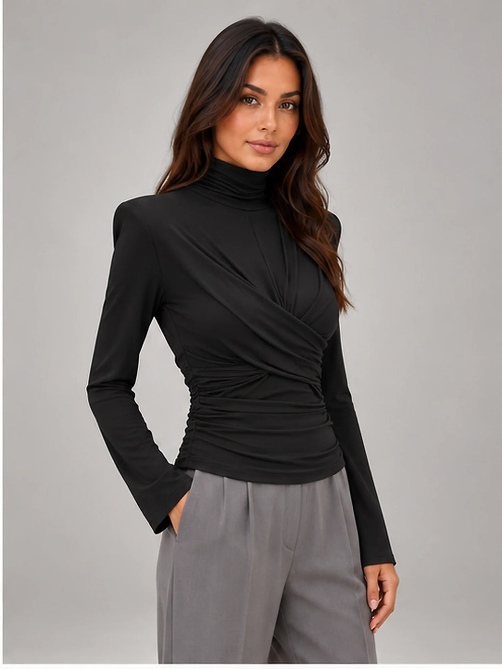 Women's Ruched Turtleneck Top – Long Sleeve in Black — alternate view