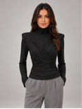 Women's Ruched Turtleneck Top – Long Sleeve in Black — front view