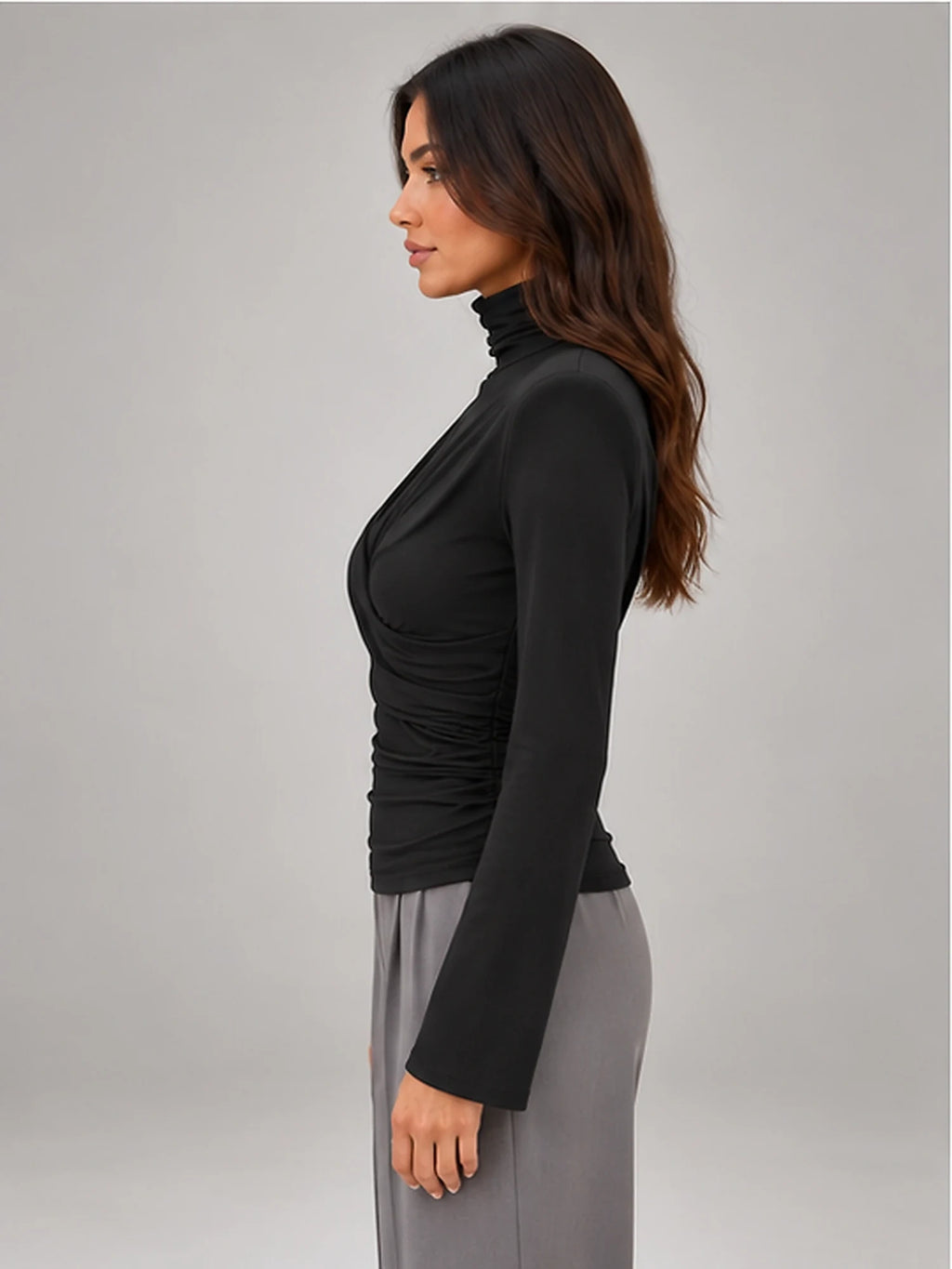 Women's Ruched Turtleneck Top – Long Sleeve in Black — side view