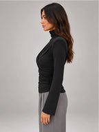 Women's Ruched Turtleneck Top – Long Sleeve in Black — side view