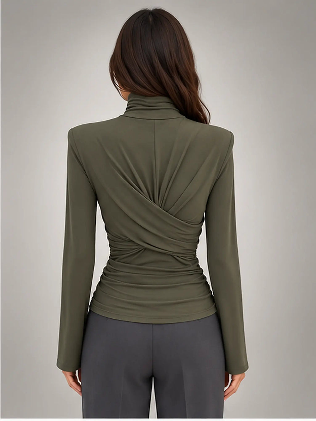 Women's Ruched Turtleneck Top – Long Sleeve in Dark Green — back view