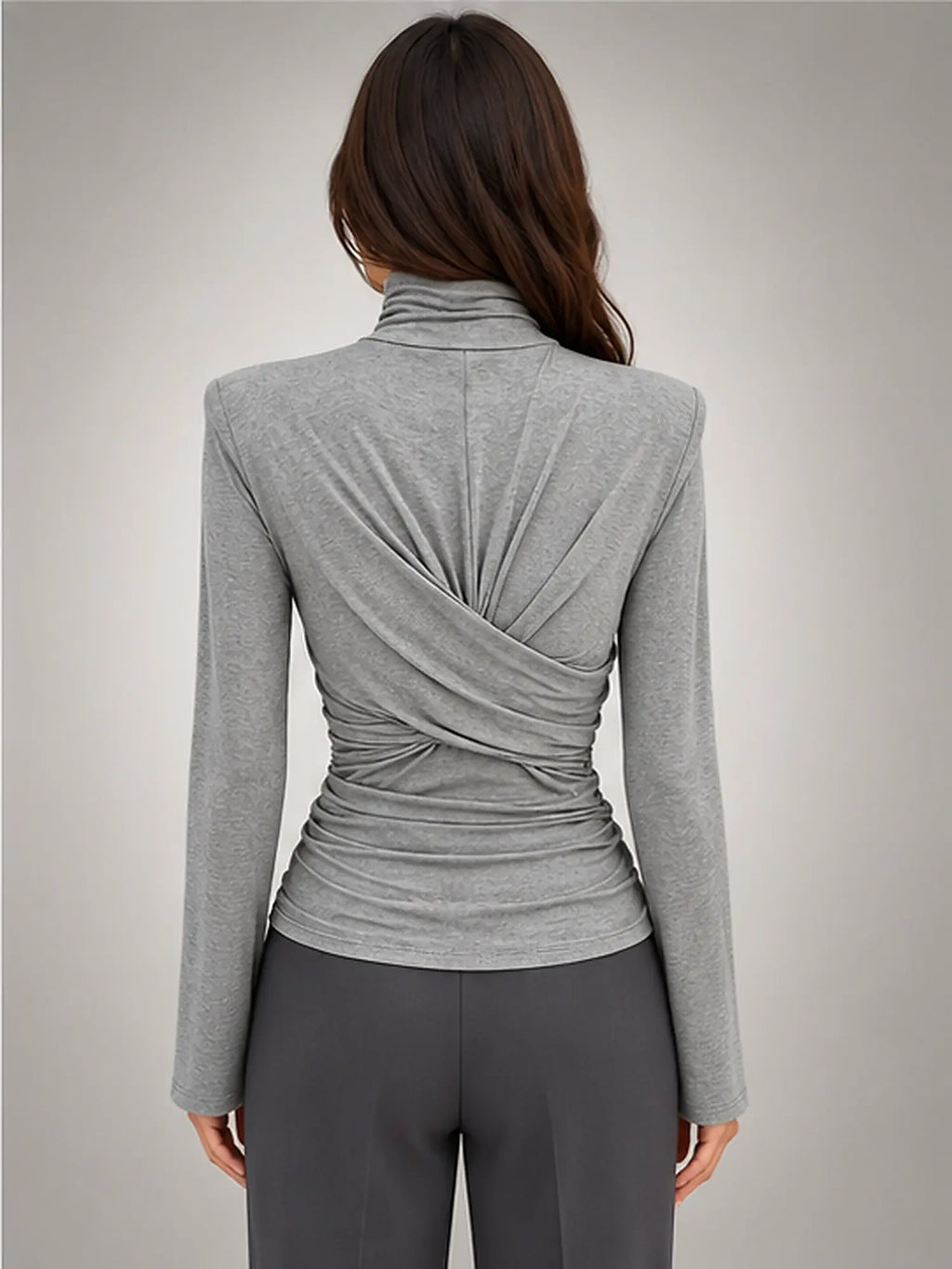 Women's Ruched Turtleneck Top – Long Sleeve in Grey — back view
