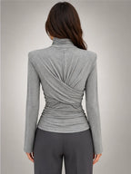 Women's Ruched Turtleneck Top – Long Sleeve in Grey — back view