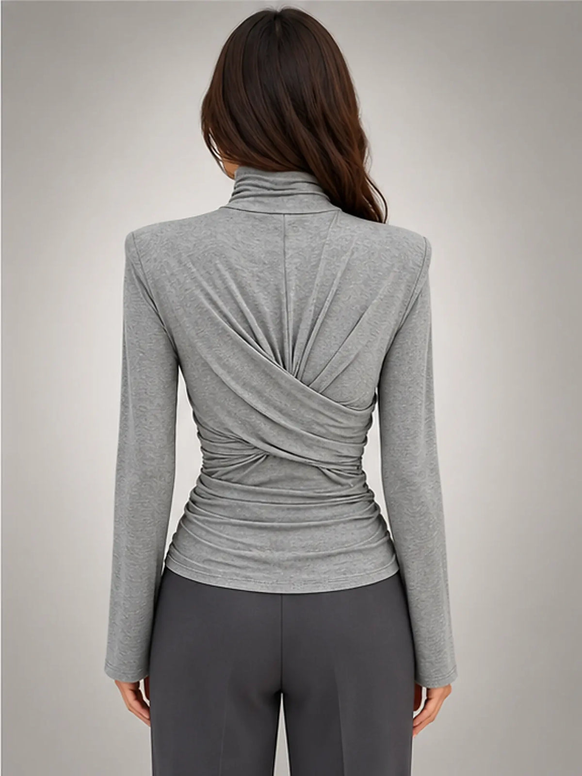 Women's Ruched Turtleneck Top – Long Sleeve in Grey — back view