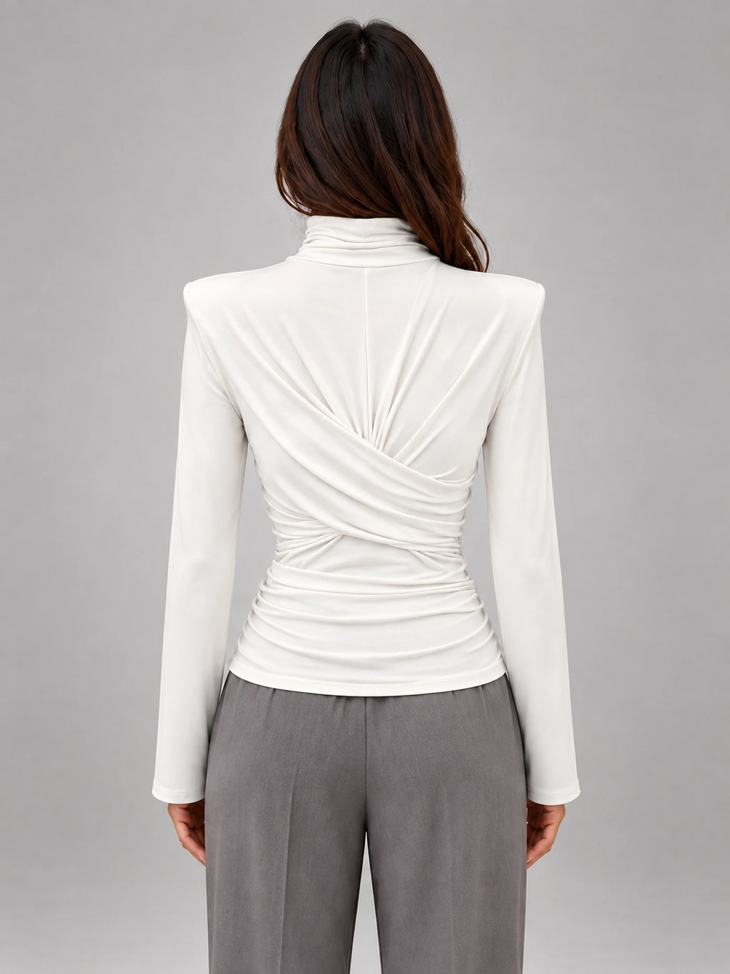 Women's Ruched Turtleneck Top – Long Sleeve in White — back view