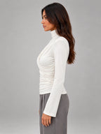 Women's Ruched Turtleneck Top – Long Sleeve in White — side view