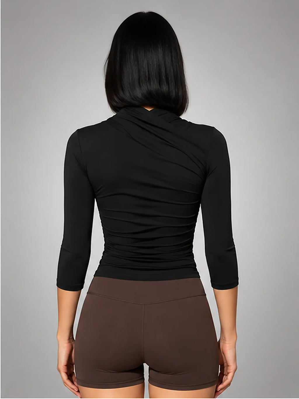 Women's Ruched Wrap Top – Three-Quarter Sleeve in Black — back view
