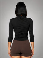 Women's Ruched Wrap Top – Three-Quarter Sleeve in Black — back view