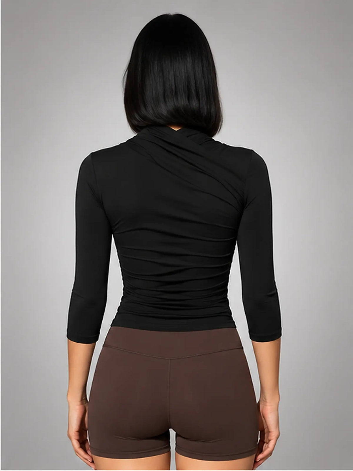 Women's Ruched Wrap Top – Three-Quarter Sleeve in Black — back view