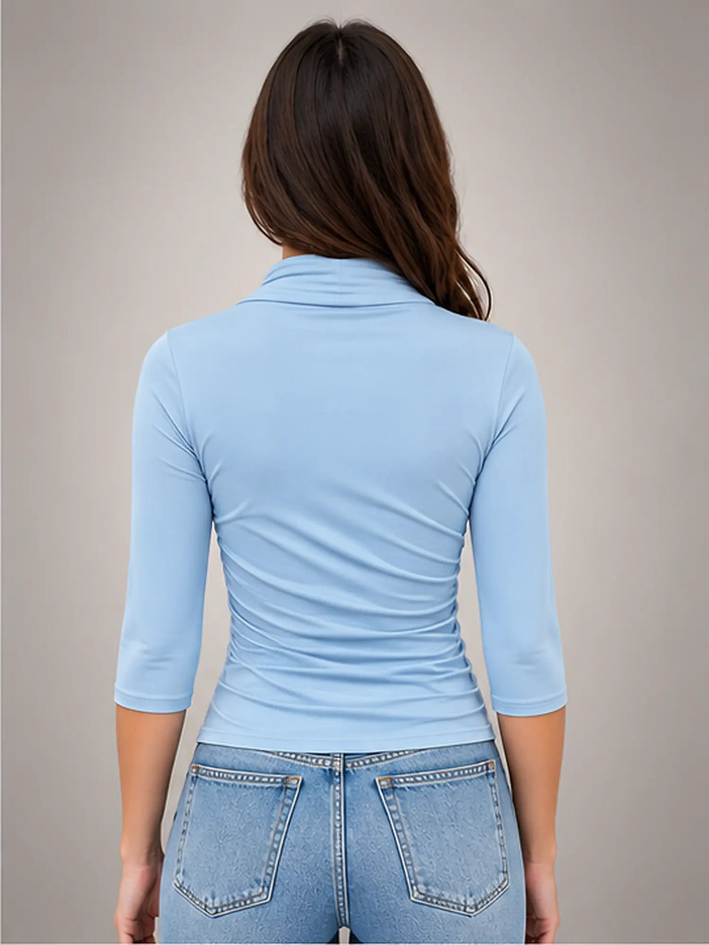 Women's Ruched Wrap Top – Three-Quarter Sleeve in Blue — back view