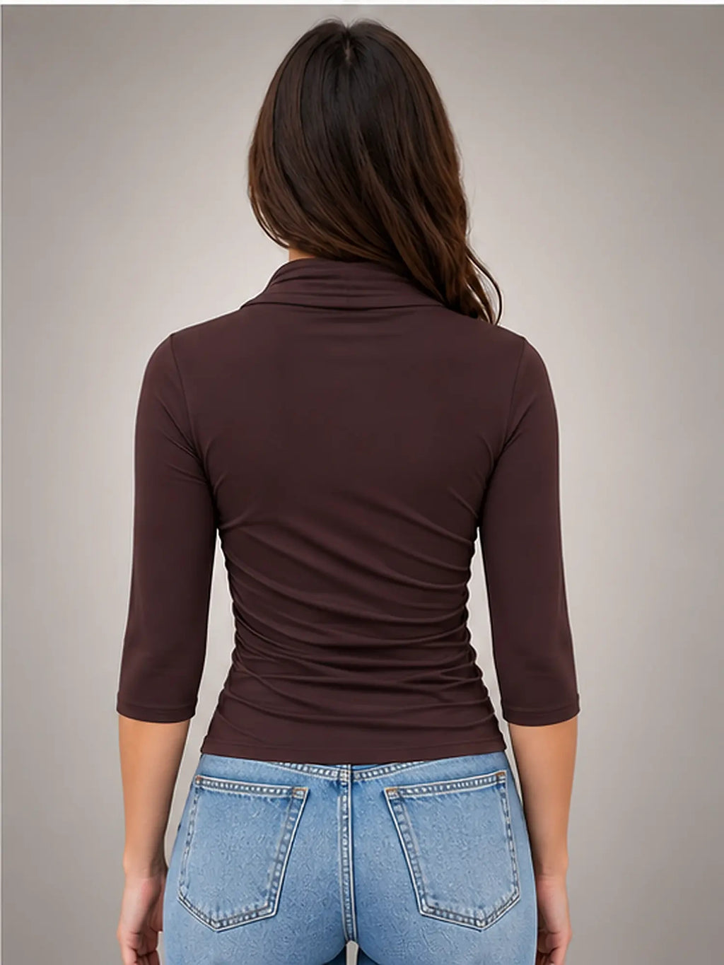 Women's Ruched Wrap Top – Three-Quarter Sleeve in Coffee — back view