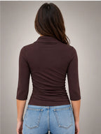 Women's Ruched Wrap Top – Three-Quarter Sleeve in Coffee — back view