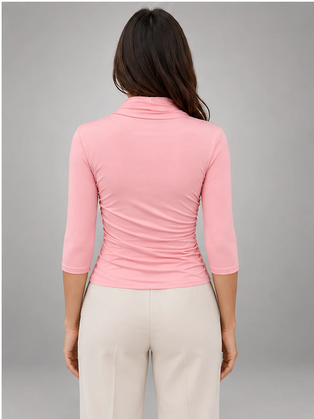 Women's Ruched Wrap Top – Three-Quarter Sleeve in Pink — back view