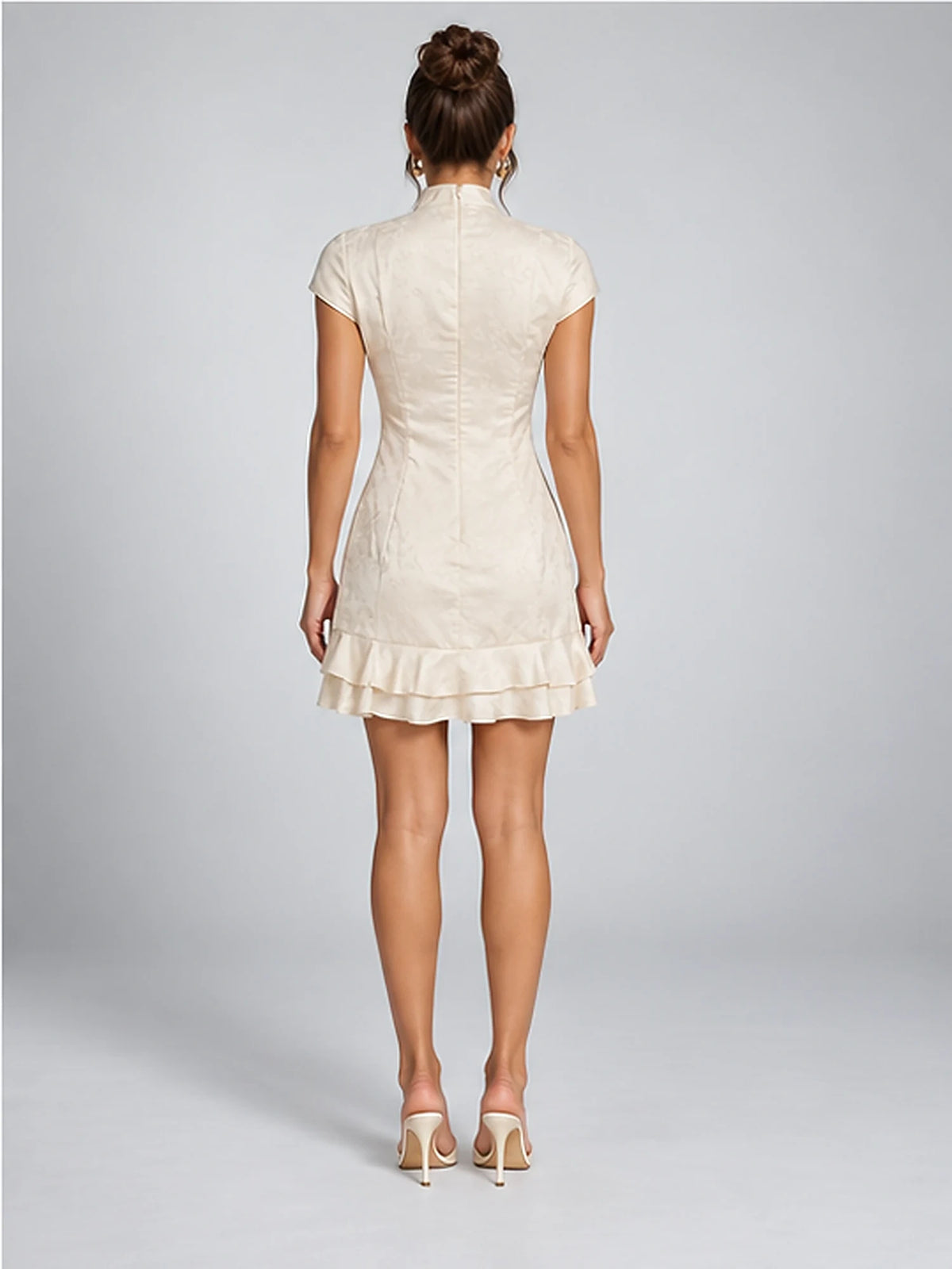 Women's Ruffle Mini Dress – Mandarin Collar in Ivory — back view