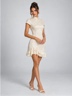 Women's Ruffle Mini Dress – Mandarin Collar in Ivory — alternate view