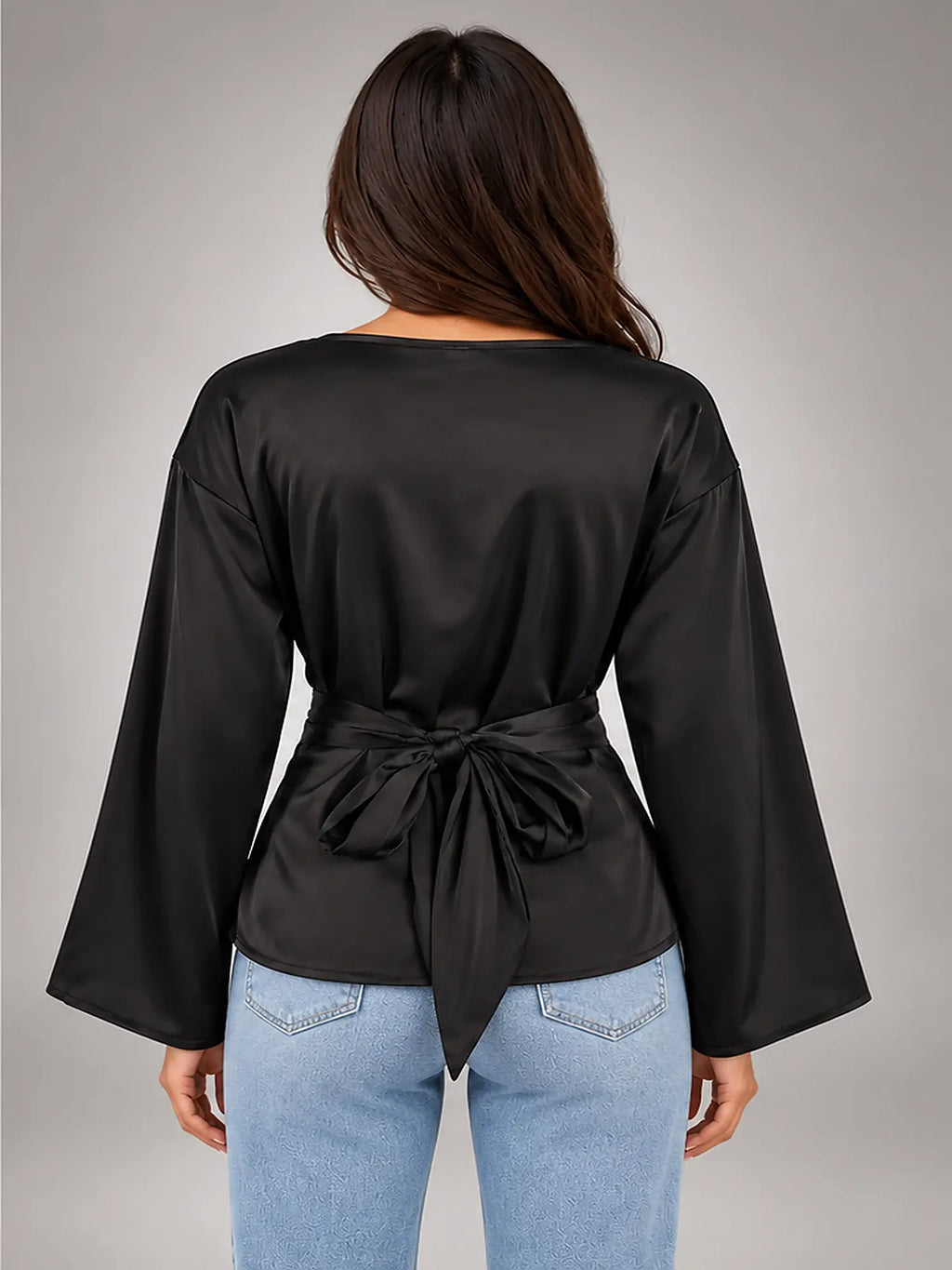Women's Satin Blouse – Tie Waist in Black — back view