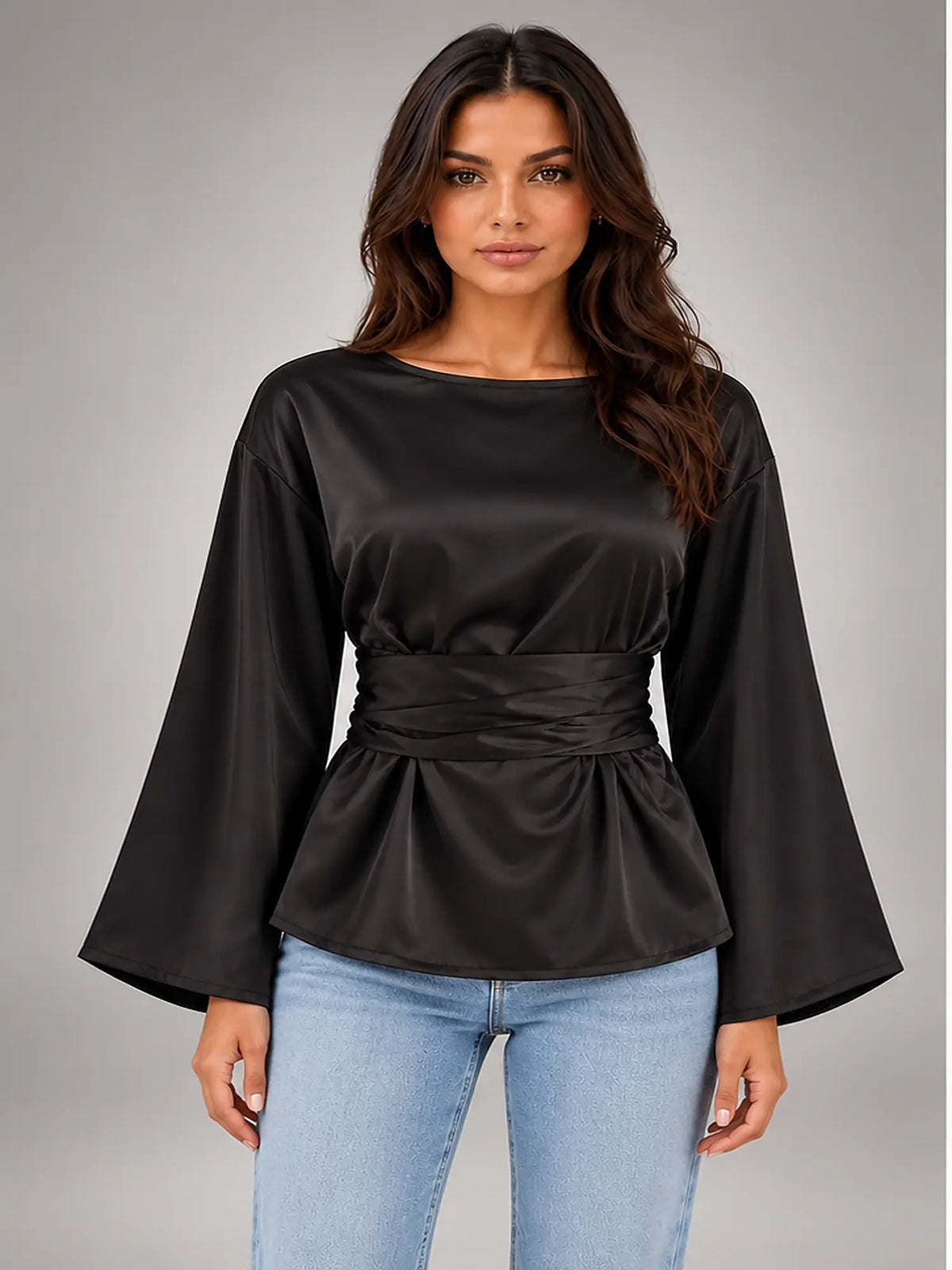 Women's Satin Blouse – Tie Waist in Black — front view