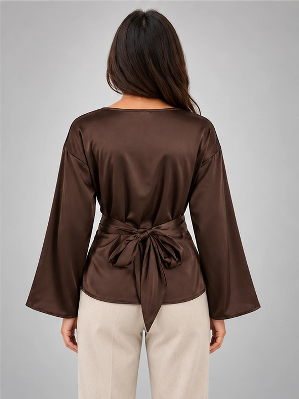 Women's Satin Blouse – Tie Waist in Chocolate Brown — back view