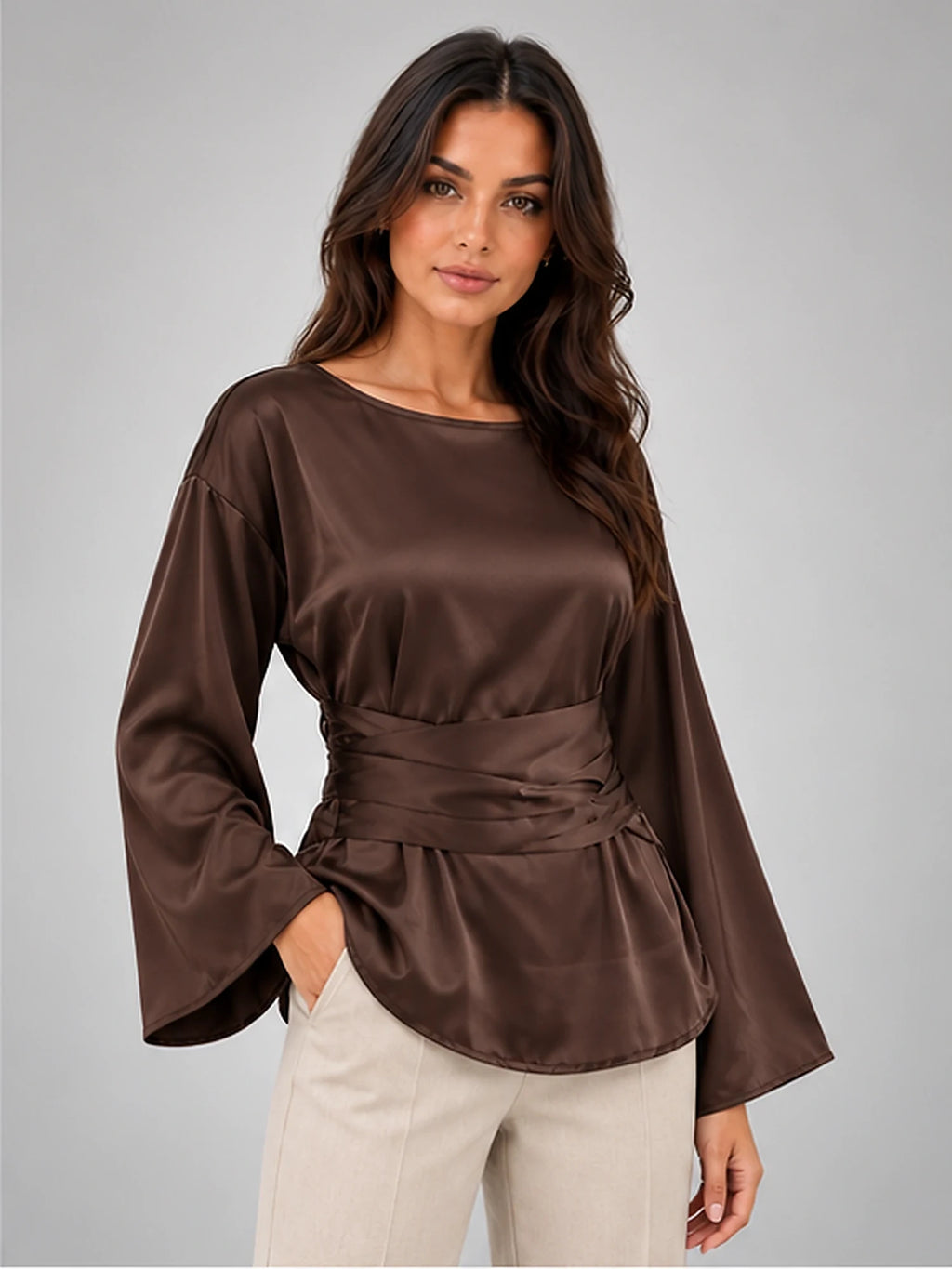 Women's Satin Blouse – Tie Waist in Chocolate Brown — alternate view
