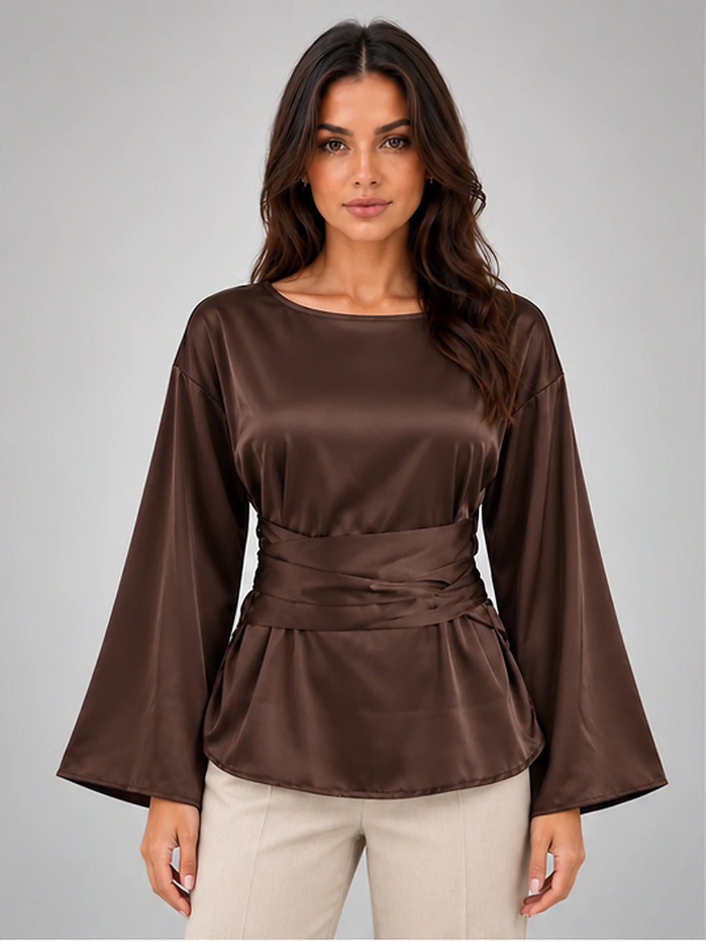 Women's Satin Blouse – Tie Waist in Chocolate Brown — front view