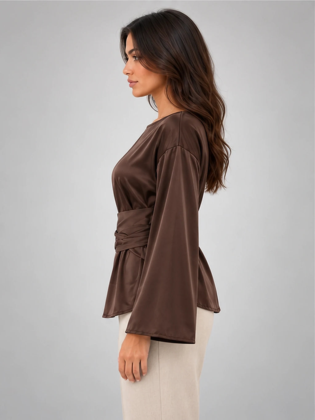 Women's Satin Blouse – Tie Waist in Chocolate Brown — side view