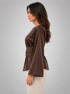 Women's Satin Blouse – Tie Waist in Chocolate Brown — side view
