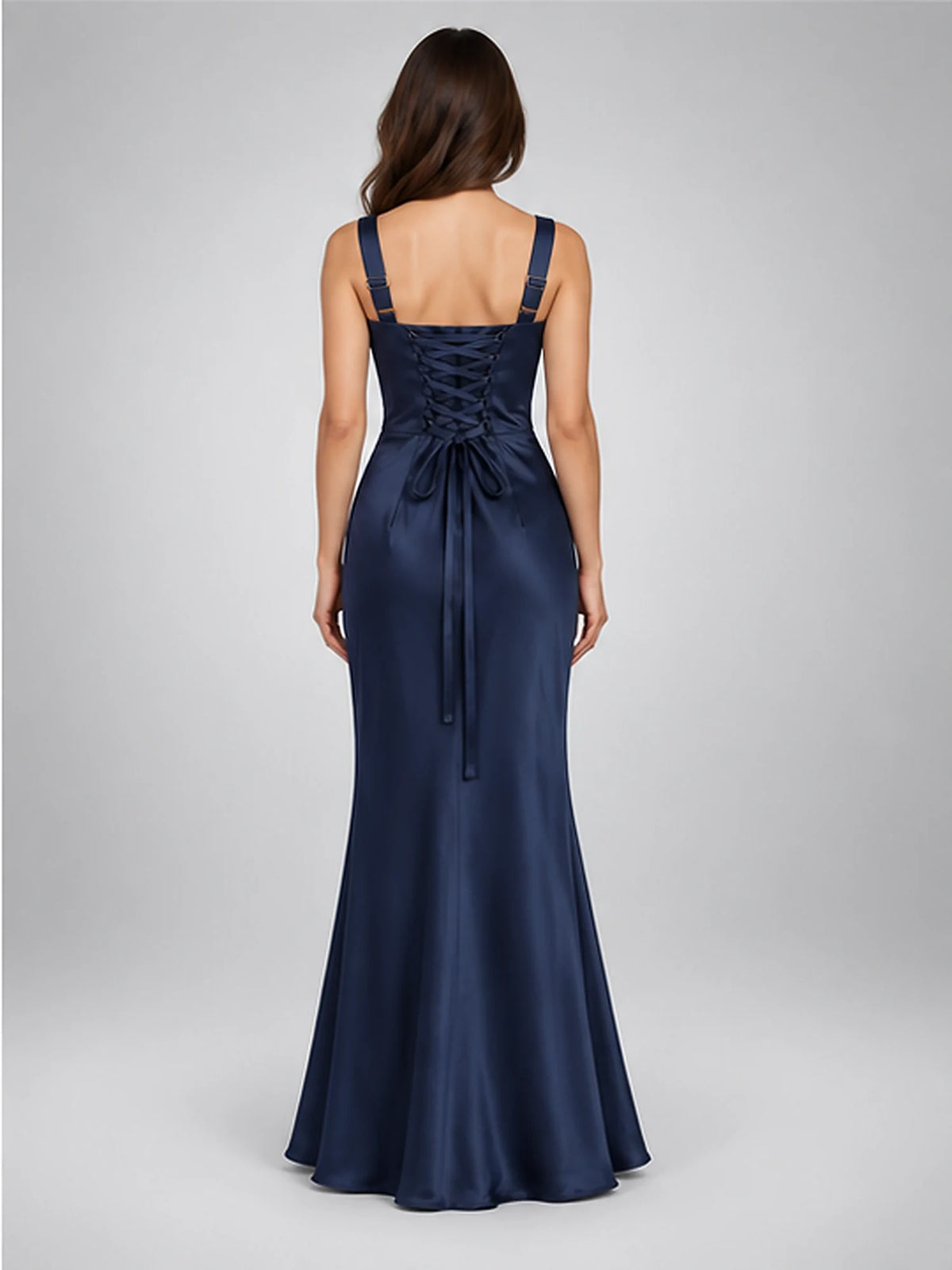 Women's Satin Maxi Dress – Corset Back Square Neck in Navy — back view