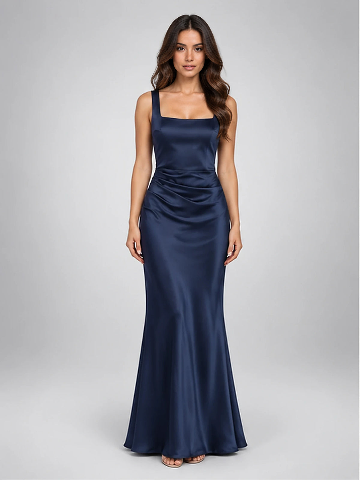 Women's Satin Maxi Dress – Corset Back Square Neck in Navy — front view