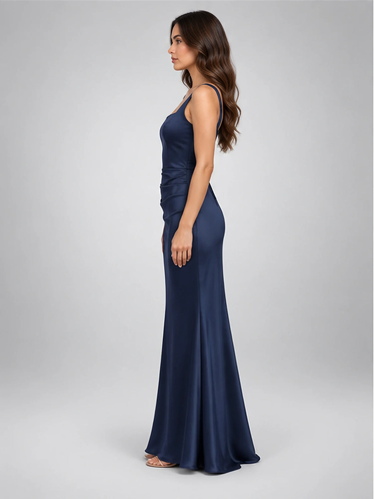 Women's Satin Maxi Dress – Corset Back Square Neck in Navy — side view