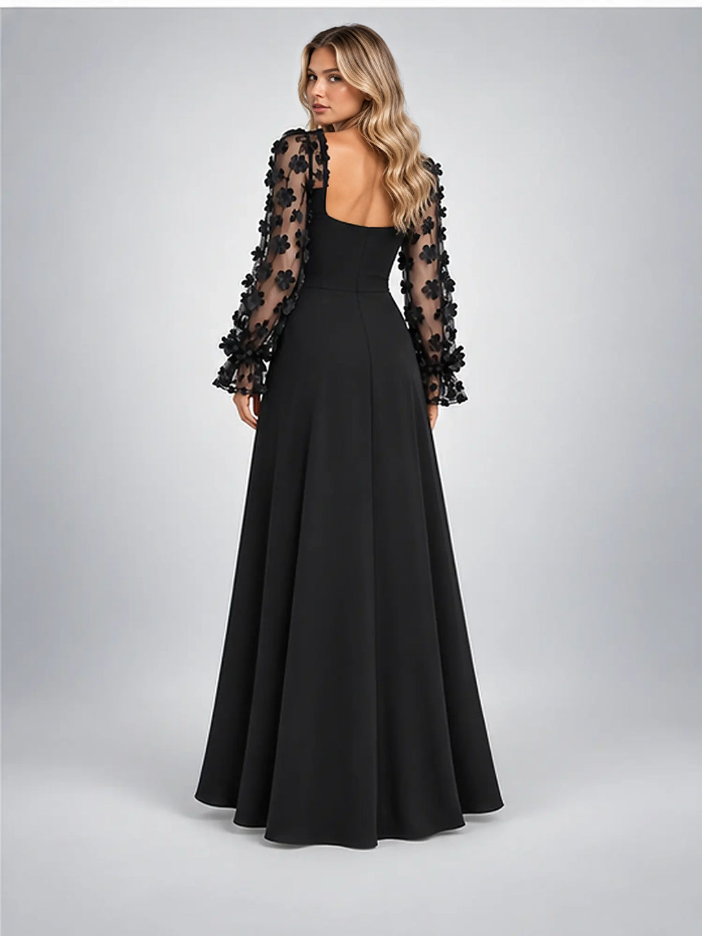 Women's Satin Maxi Dress – Floral Sleeve Square Neck in Black — back view