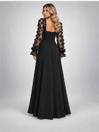 Women's Satin Maxi Dress – Floral Sleeve Square Neck in Black — back view