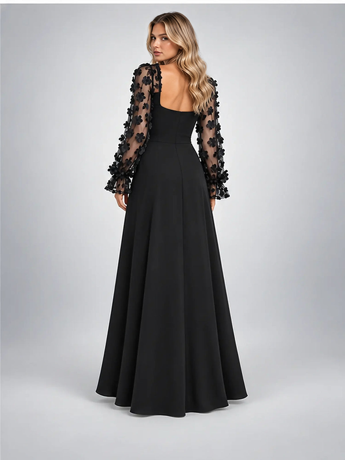 Women's Satin Maxi Dress – Floral Sleeve Square Neck in Black — back view