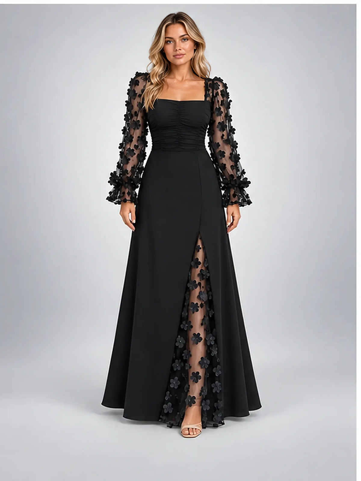 Women's Satin Maxi Dress – Floral Sleeve Square Neck in Black — front view