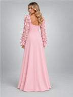 Women's Satin Maxi Dress – Floral Sleeve Square Neck in Blush Pink — back view
