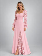 Women's Satin Maxi Dress – Floral Sleeve Square Neck in Blush Pink — alternate view