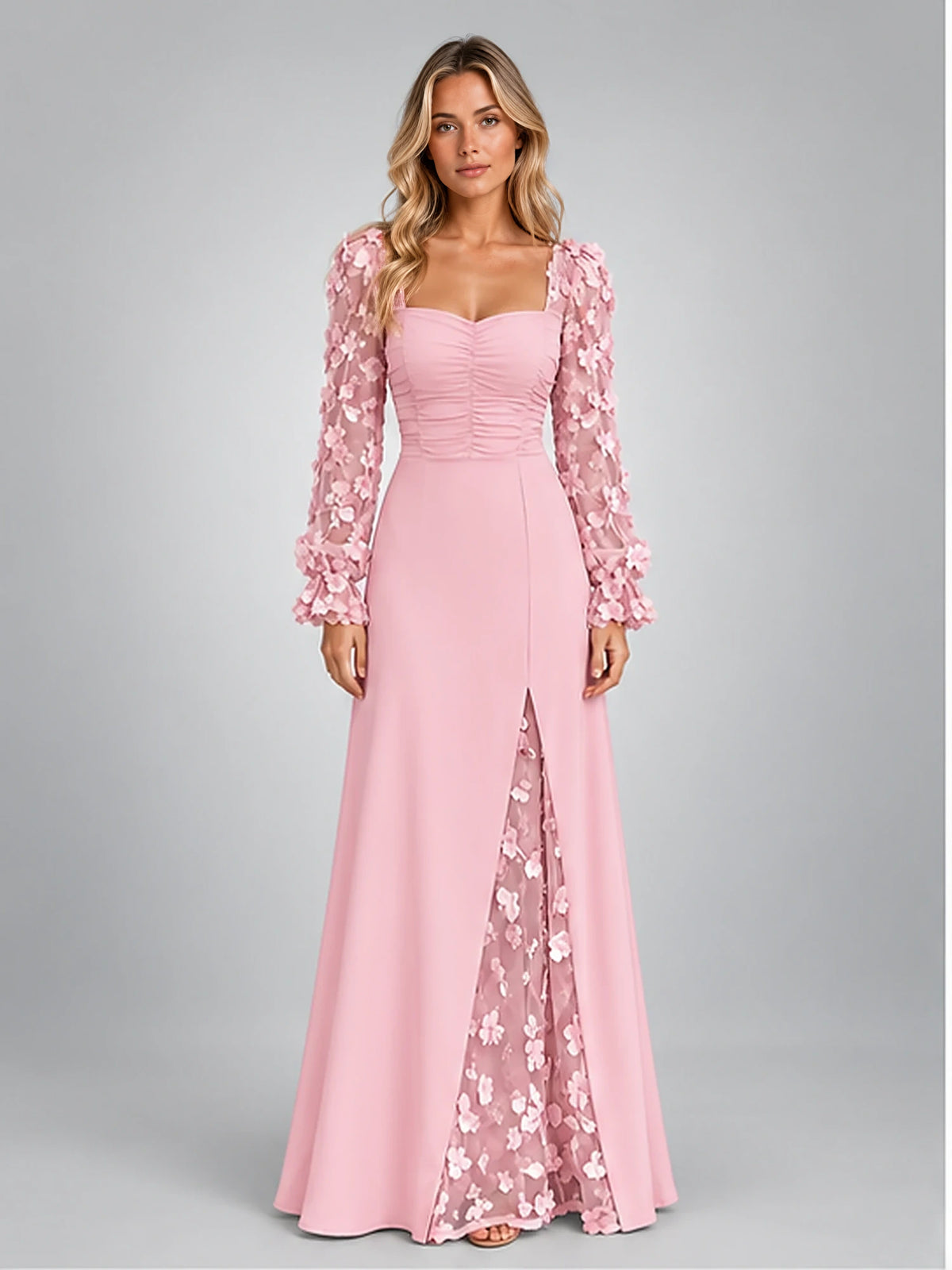 Women's Satin Maxi Dress – Floral Sleeve Square Neck in Blush Pink — front view