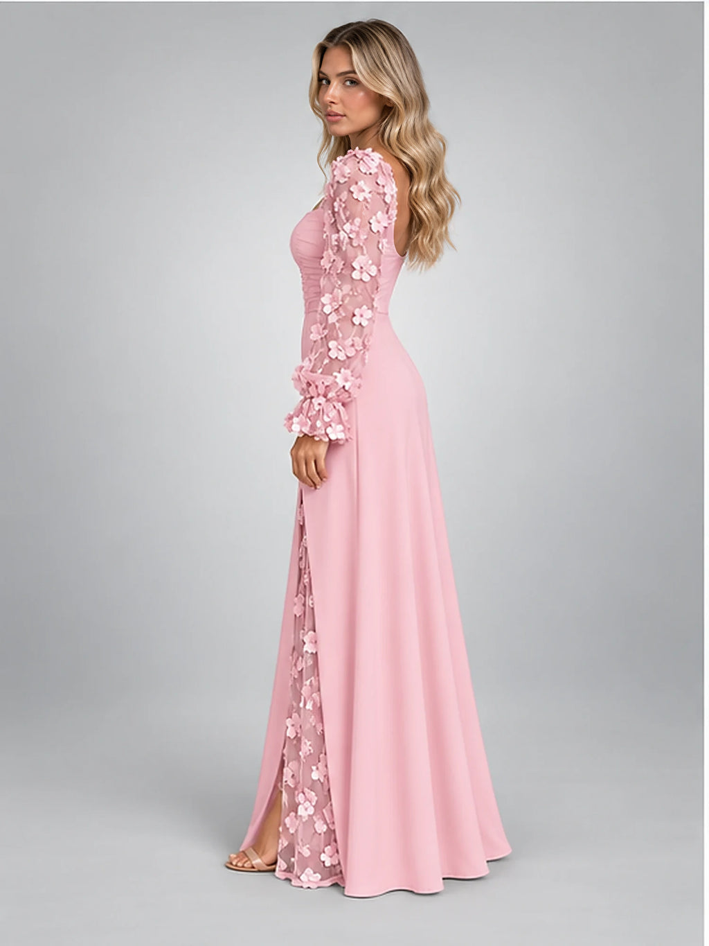 Women's Satin Maxi Dress – Floral Sleeve Square Neck in Blush Pink — side view