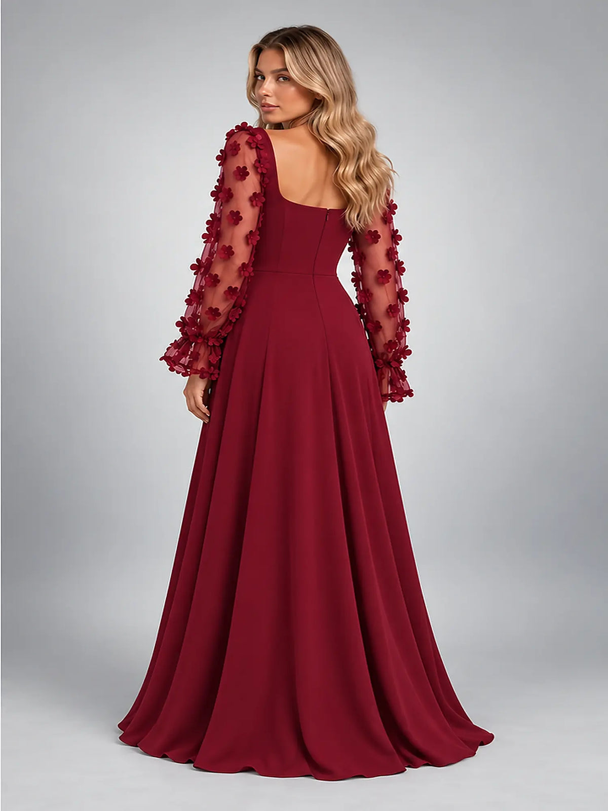 Women's Satin Maxi Dress – Floral Sleeve Square Neck in Burgundy — back view