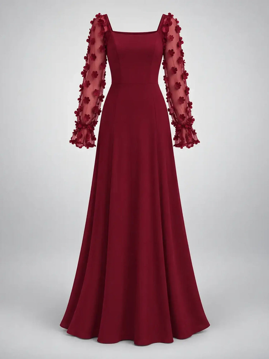 Women's Satin Maxi Dress – Floral Sleeve Square Neck in Burgundy — product detail