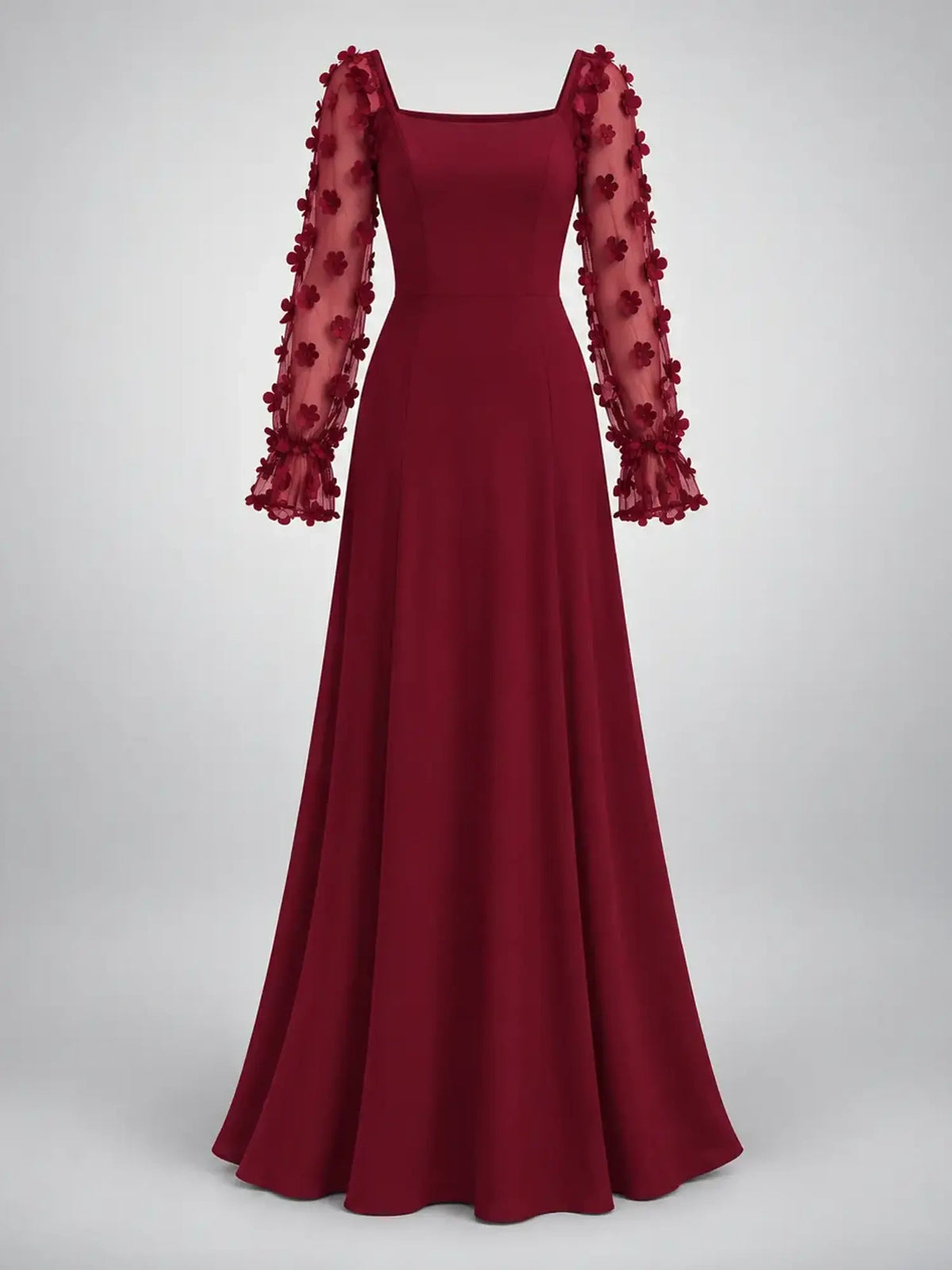 Women's Satin Maxi Dress – Floral Sleeve Square Neck in Burgundy — product detail