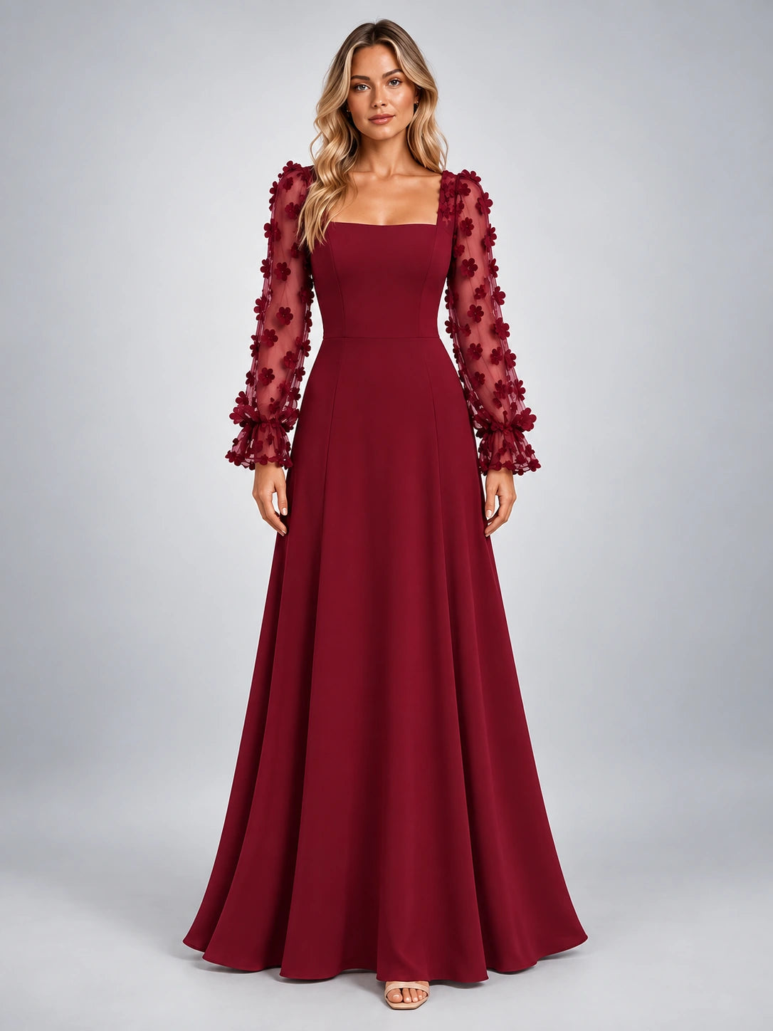Women's Satin Maxi Dress – Floral Sleeve Square Neck in Burgundy — front view