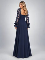 Women's Satin Maxi Dress – Floral Sleeve Square Neck in Navy — back view