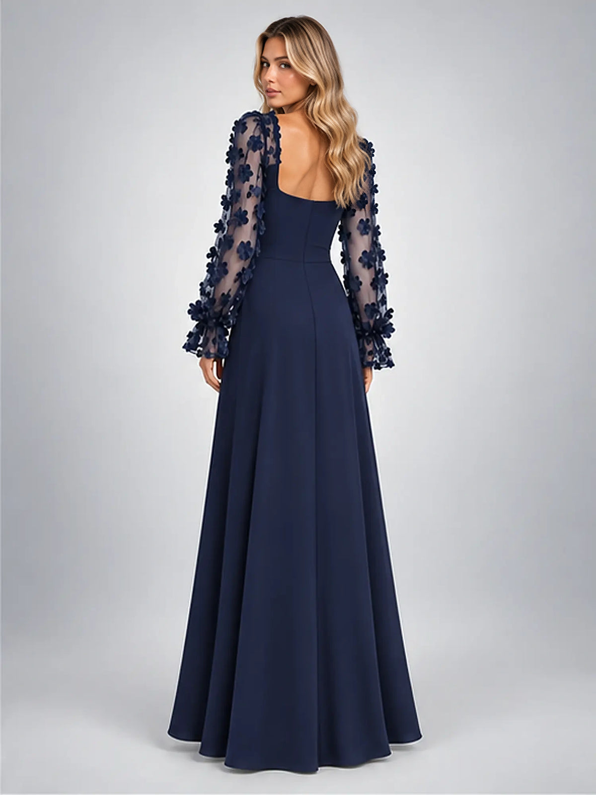 Women's Satin Maxi Dress – Floral Sleeve Square Neck in Navy — back view