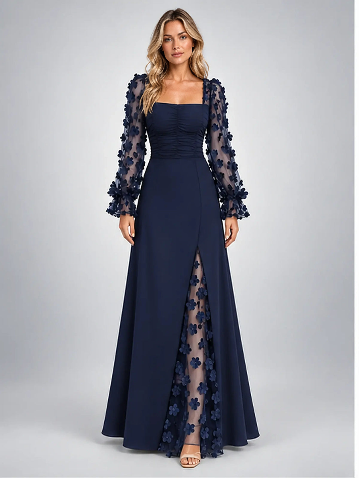 Women's Satin Maxi Dress – Floral Sleeve Square Neck in Navy — front view