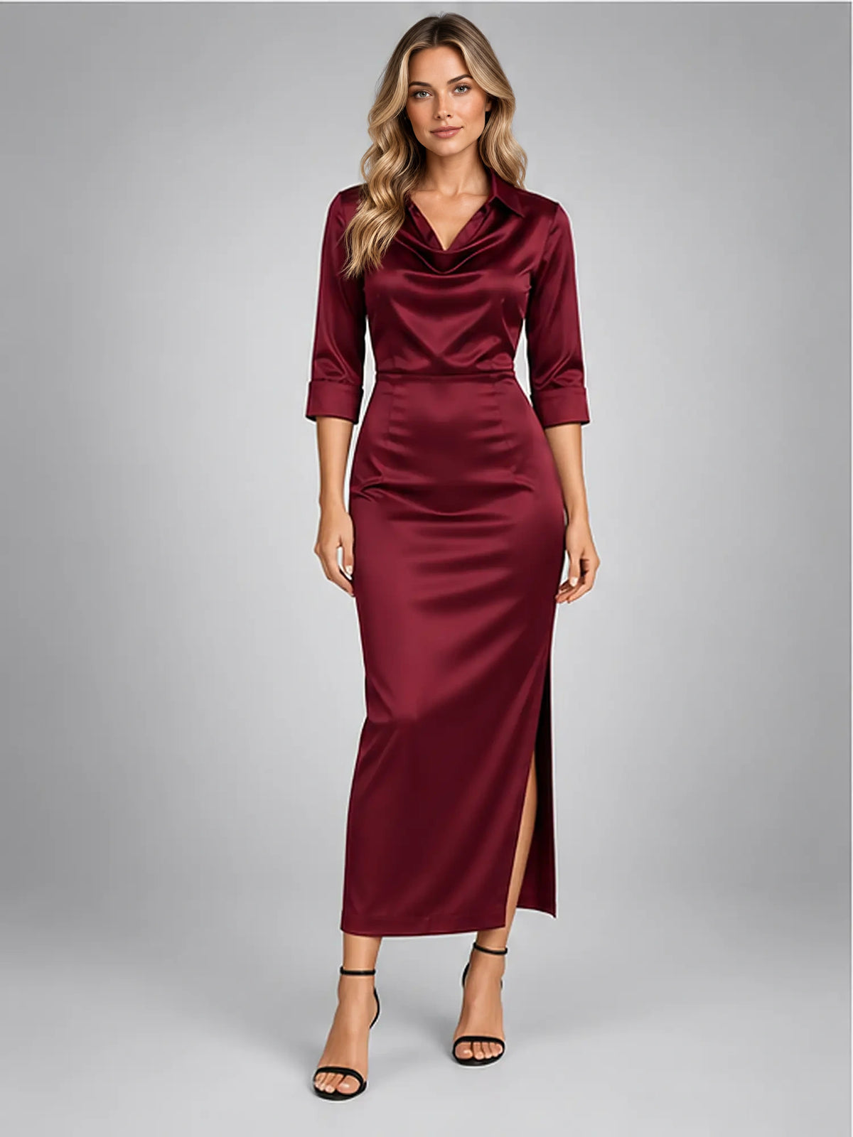 Women's Satin Midi Dress – Cowl Neck in Burgundy — front view