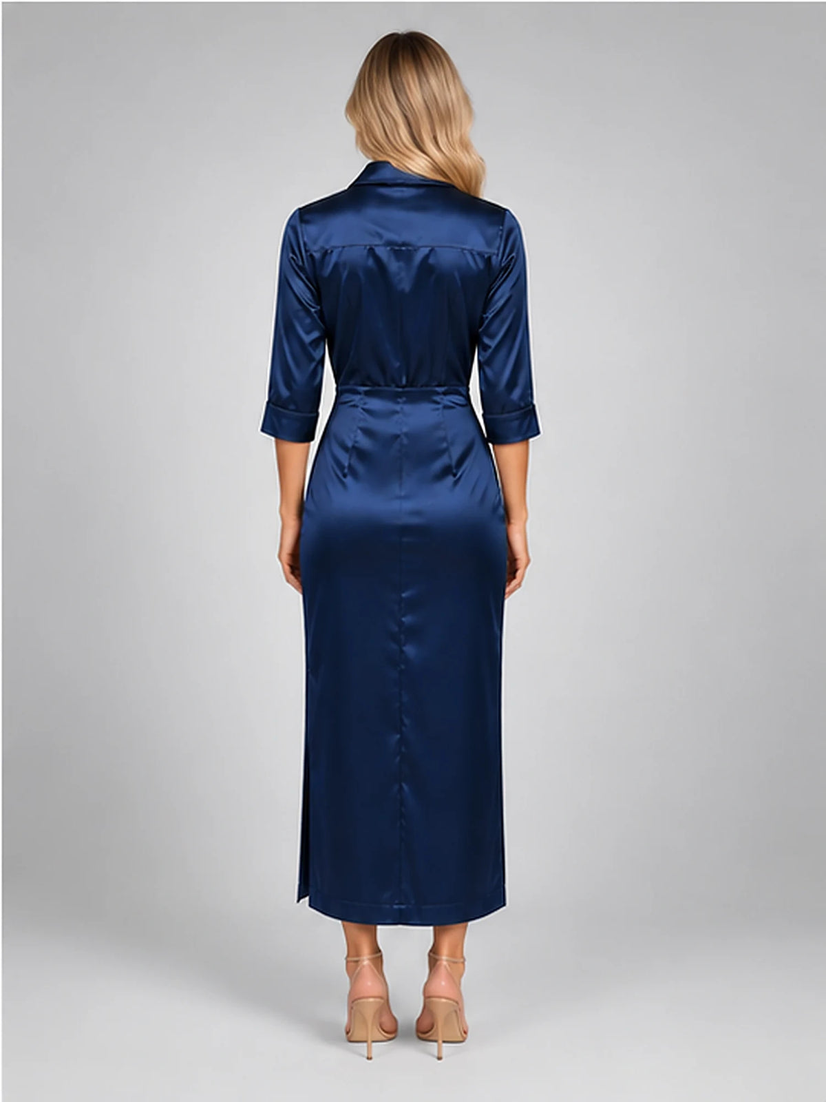 Women's Satin Midi Dress – Cowl Neck in Navy — back view