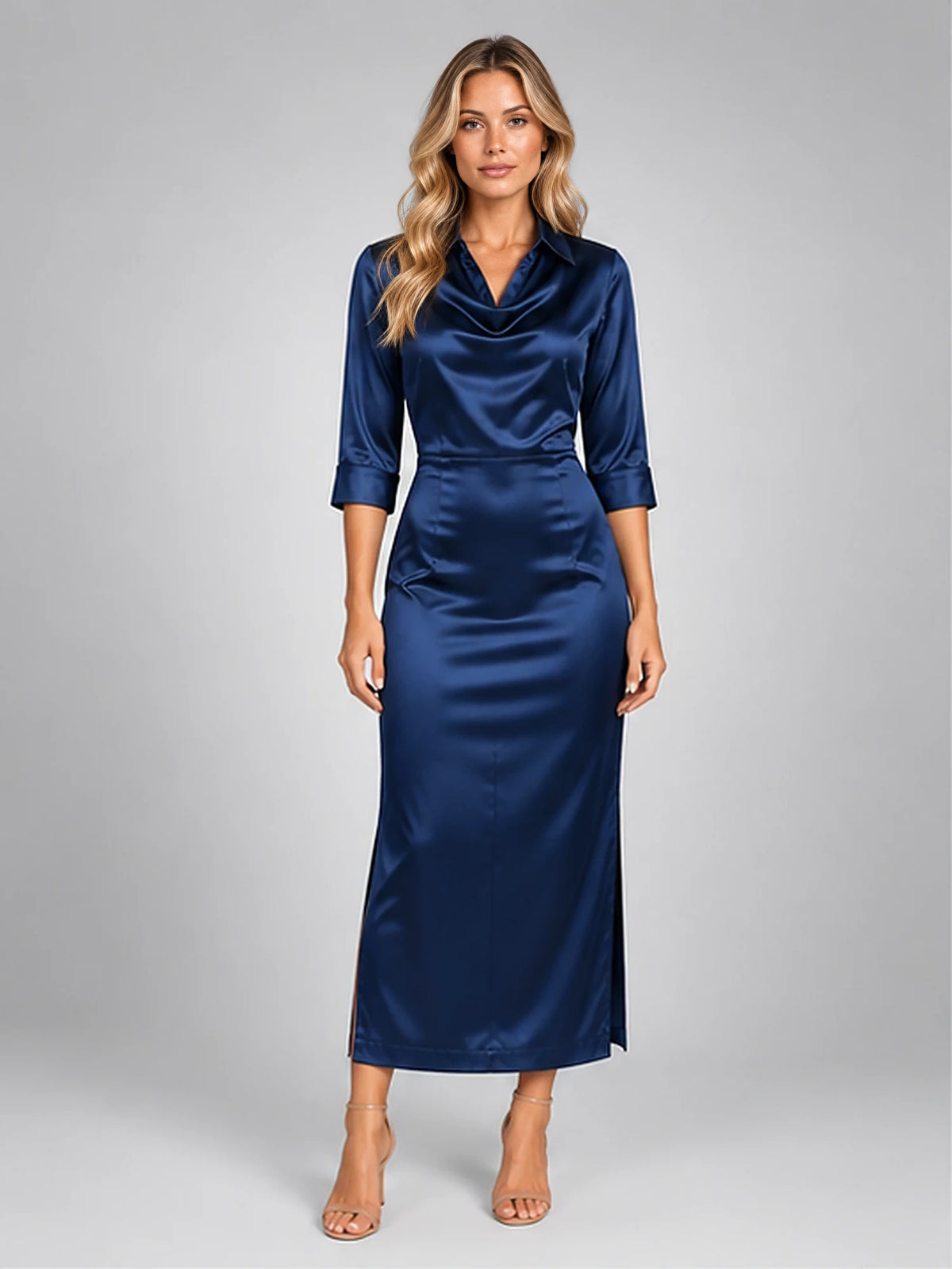 Women's Satin Midi Dress – Cowl Neck in Navy — front view