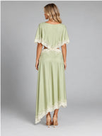 Women's Satin Two-Piece Dress – Asymmetric Lace Hem in Light Green — back view