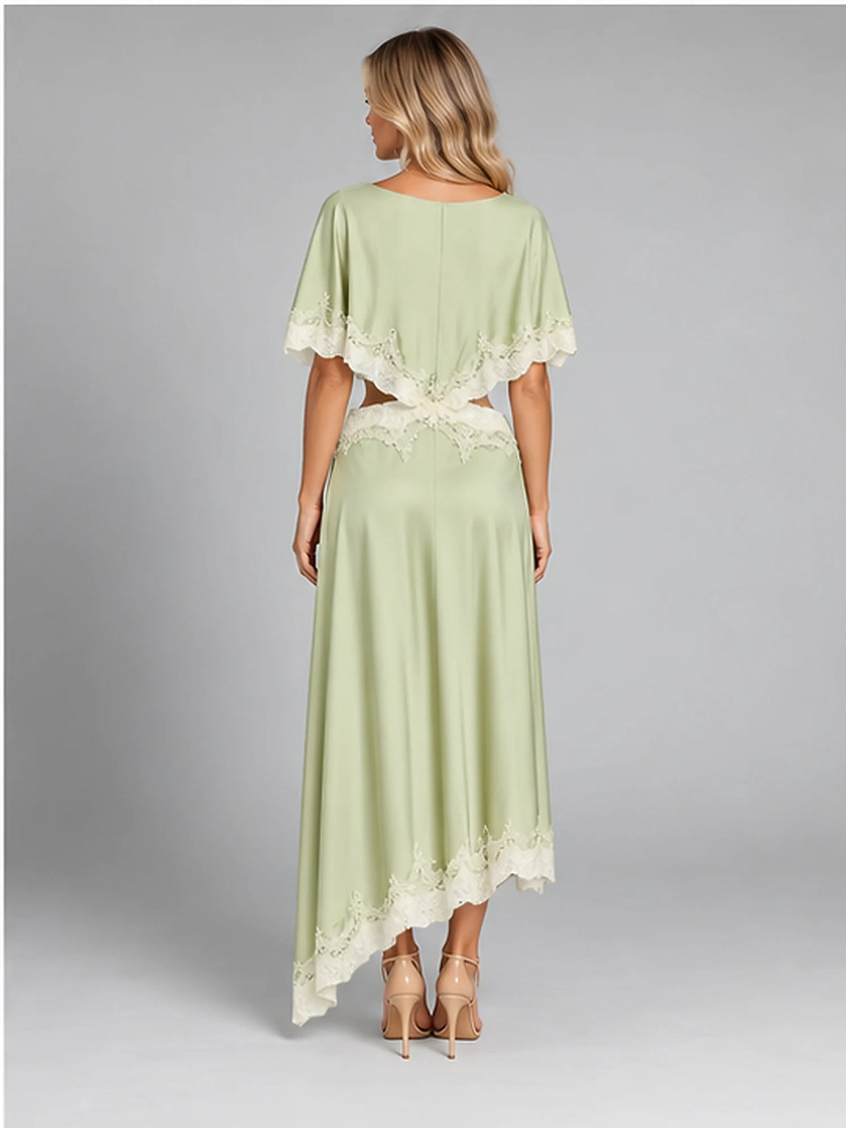 Women's Satin Two-Piece Dress – Asymmetric Lace Hem in Light Green — back view